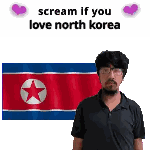 Man with Glasses in Front of North Korean Flag