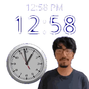 Man with Glasses Next to 12:58 PM Clock