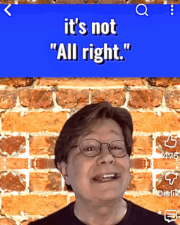 Man With Glasses Smiling In Front Of Brick Wall Saying It's Not All Right On Blue Background GIF
