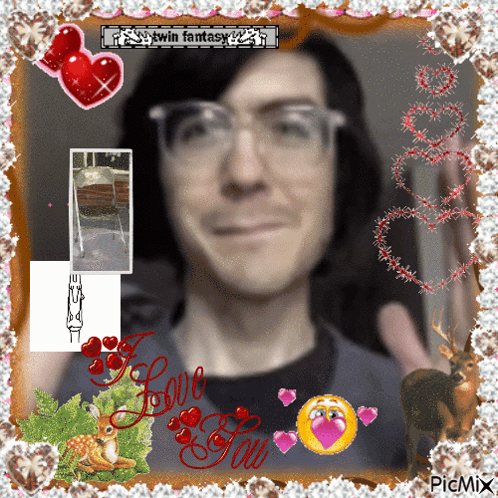Man With Glasses Surrounded by Hearts Saying Love You