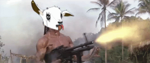 Man With Goat Head Holding Gun in Front of Palm Trees