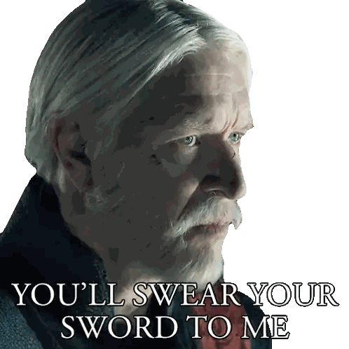 Man with Gray Hair and Beard Saying Swear Sword