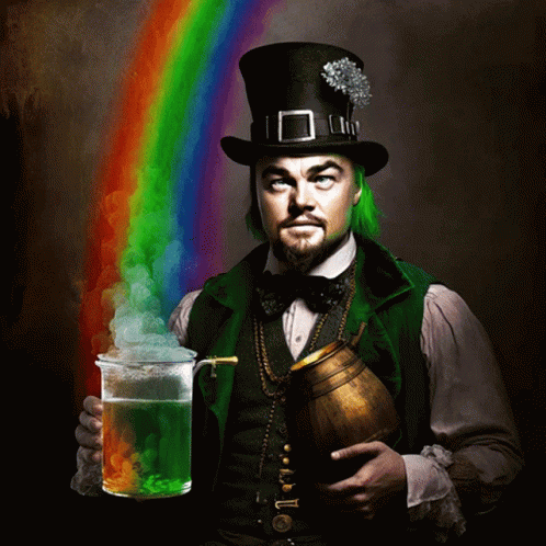Man With Green Hair And Top Hat Holding Beer GIF