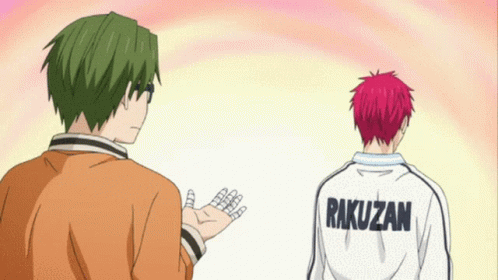 Man with Green Hair Next to Man with Red Hair Rakuzan Shirt