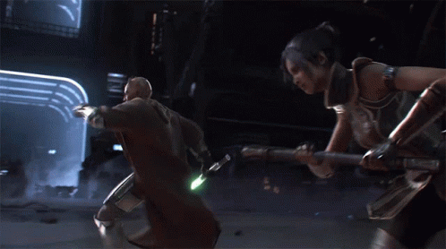 Man with Green Lightsaber and Woman with Sword