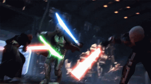Man with Green Lightsaber Fights Red