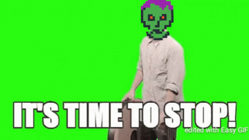 Man With Green Skull Holding Wheel Says Stop GIF
