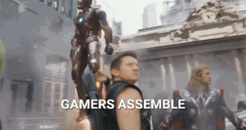 Man With Gun And Gamers Assemble Building GIF