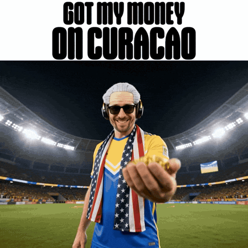 Man With Headphones And American Flag Scarf Holding Gold Coin In Front Of Stadium Saying Got My Money GIF
