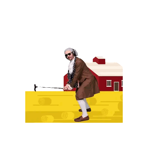 Man With Headphones and Cane in Front of Barn