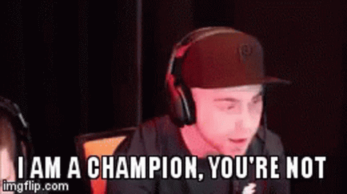 Man With Headphones and Hat Saying I Am a Champion You're Not
