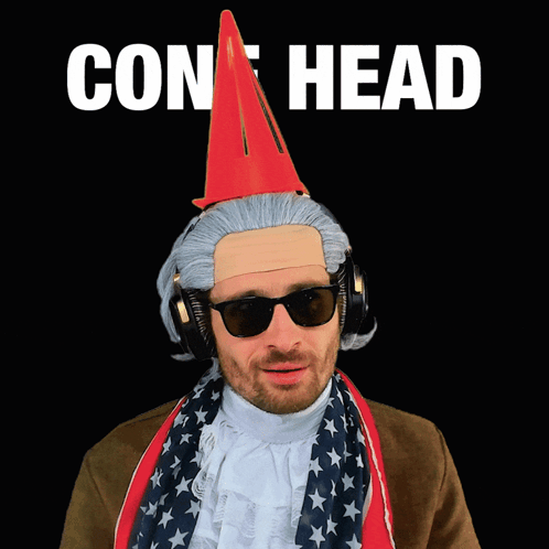 Man With Headphones and Red Cone Saying Con Head