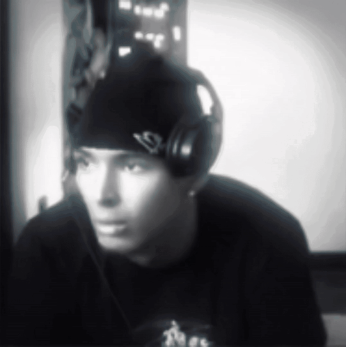 Man With Headphones and S Beanie Black and White