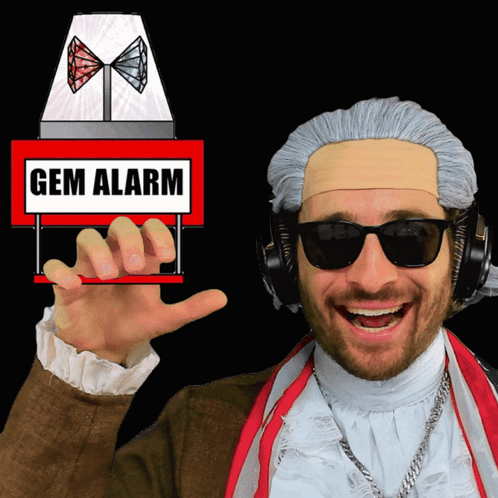 Man With Headphones and Sunglasses Holding Gem Alarm Sign