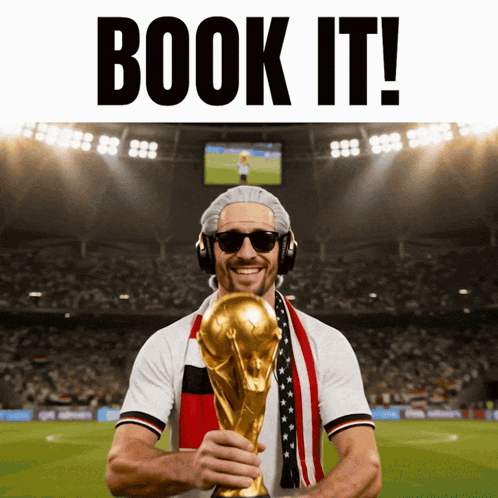 Man with Headphones and Sunglasses Holding Trophy Book It