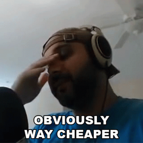 Man With Headphones Finger on Forehead Saying Obviously Way Cheaper
