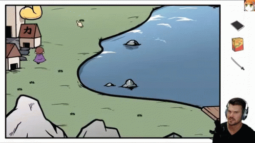 Man with Headphones in Front of Lake Cartoon