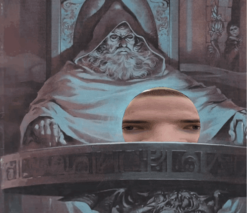 Man With Headphones in Front of Wizard Painting
