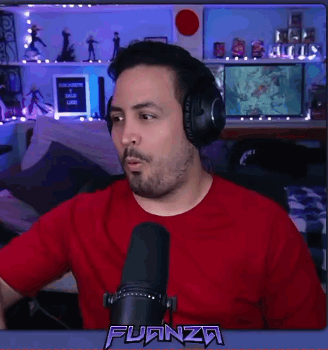 Man With Headphones Red Shirt Talking Microphone Fuanza