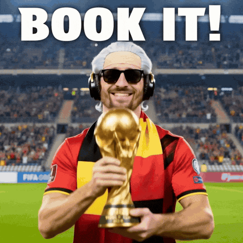 Man With Headphones Sunglasses Holding Trophy Book It