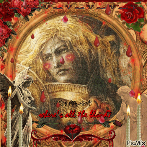 Man With Hearts on Face Surrounded by Candles and Roses