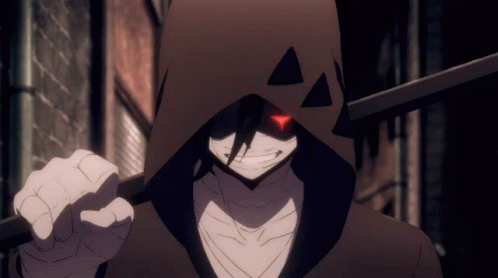Man With Hood And Red Eyes Holding Stick GIF