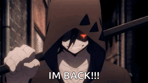 Man With Hood And Red Eyes Holding Stick Says I'm Back GIF