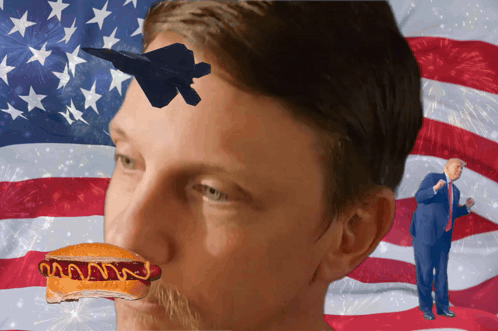 Man With Hot Dog in Mouth and Donald Trump in Front of Flag
