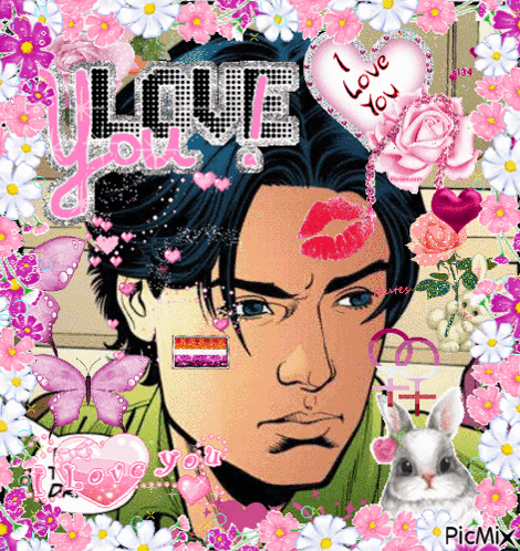 Man With Kiss on Forehead Surrounded by Pink Flowers and Butterflies