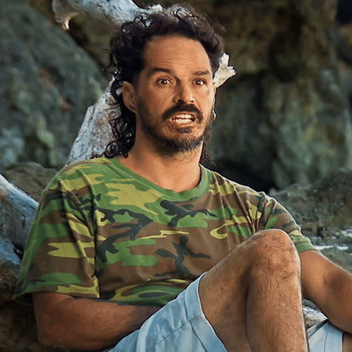 Man with Long Hair and Beard in Green Camo Shirt