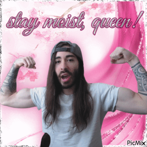 Man With Long Hair Flexing Muscles Stay Moist Queen