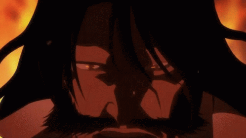 Man with Long Hair Holding Sword with Fire Background