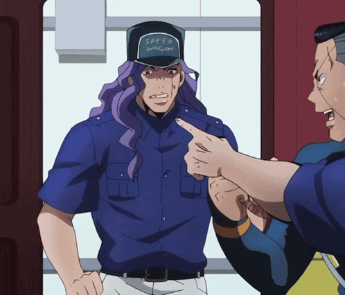 Man with Long Purple Hair Wearing Speed Wagon Cap