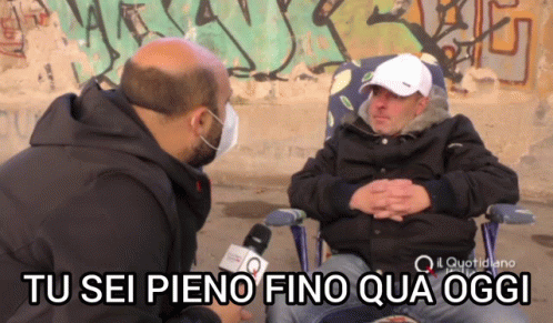 Man With Mask Talking to Another Man tu sei pieno fino qua oggi