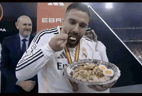 Man With Medal Eating Food