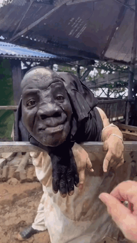 Man With Monkey Head Looking Over Fence GIF
