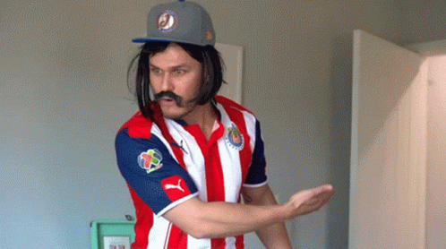 Man With Mustache And Wig In Chivas Shirt GIF