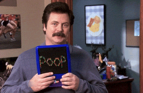 Man With Mustache Holding Blue Box Saying Poop GIF