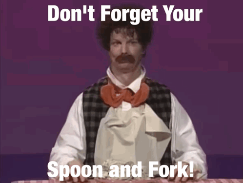 Man With Mustache Holding Spoon And Fork GIF