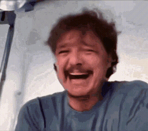 Man with Mustache Laughing Mouth Open Eyes Closed
