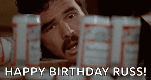 Man With Mustache Looking At Beer Cans Happy Birthday Russ GIF