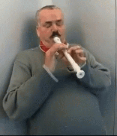 Man With Mustache Playing Recorder In Bathroom GIF