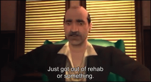 Man With Mustache Saying Just Got Out Of Rehab GIF