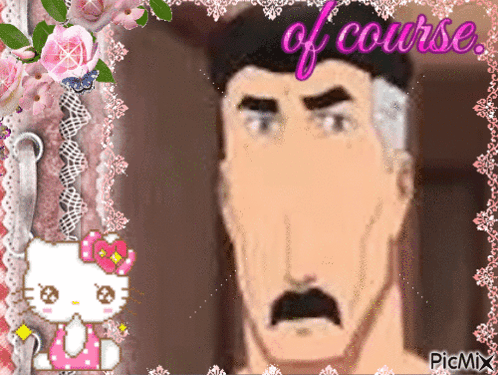 Man with Mustache Surrounded by Pink Flowers