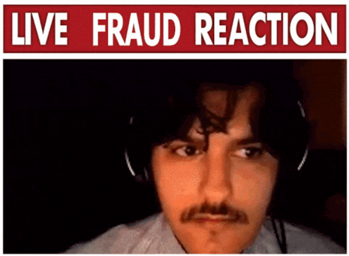 Man With Mustache Wearing Headphones Under Live Fraud Reaction Sign