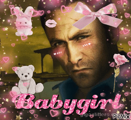 Man With Pink Bow Surrounded By Hearts Babygirl GIF