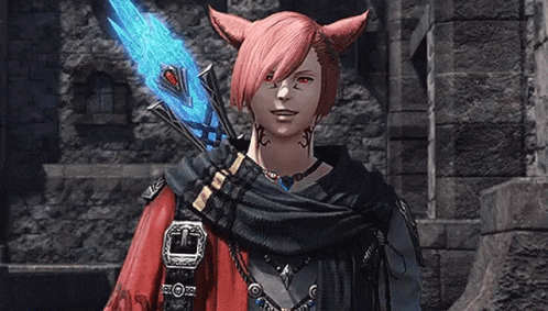 Man with Pink Hair and Red Eyes Holding Blue Sword
