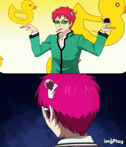 Man With Pink Hair Holding Cake and Rubber Duck