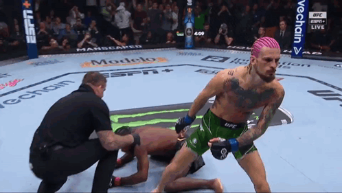 Man With Pink Hair Kneeling in Boxing Match