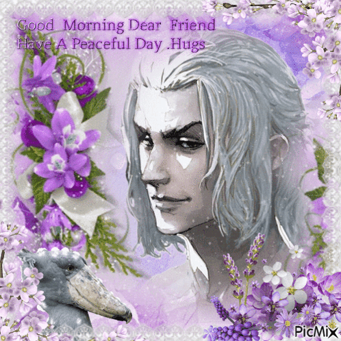 Man With Purple Flowers Says Good Morning Dear Friend GIF